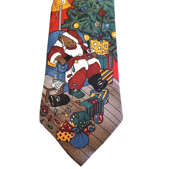Christmas Tie Sleeping Santa Bear 58" Red Graphics "Thinking of You Ties" - Picture 1 of 6